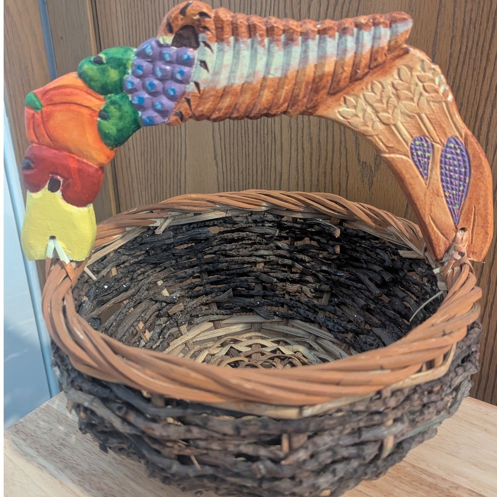 VTG Rustic Wicker Twig Basket with Carved Harvest Cornucopia Painted Wood Handle